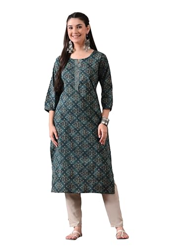 Image of Ichaa Women's Pure Cotton Embroidered Round-Neck Ethnic Kurta with 3 /4th Sleeve for Daily and Office Wear, in Plus Sizes