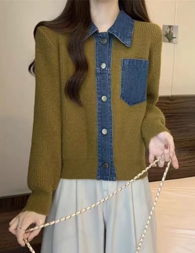 Image of Womens Sweaters Patchwork Denim Sweater Cardigan Long Sleeve Chunky Knit Cardigans Fall Cardigan