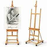 Falling in Art Large H-Frame Studio Artist Easel, Adjustable Beechwood Painting Easel Stand, Movable Floor Easel Holding Canvas up to 51 Inches, Natural