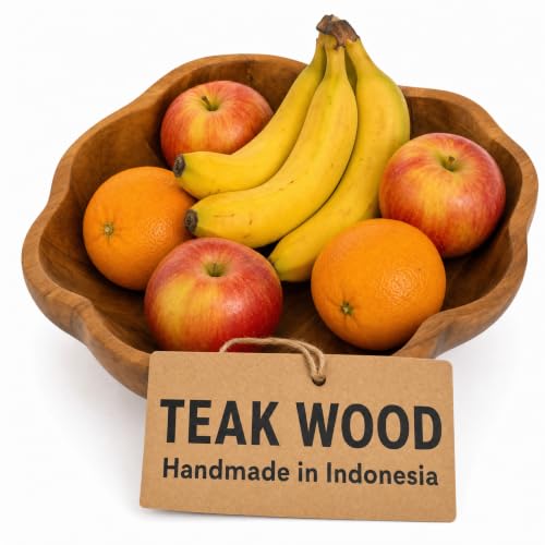 Spaceneat Wooden Fruit Bowl for Kitchen Counter - 11.8" x 3.2" Large Teak Wood Serving Bowl for Food, Salad, Bread or Home Decor - Handcrafted by Artisans in Indonesia - Dining Decorative Centerpiece
