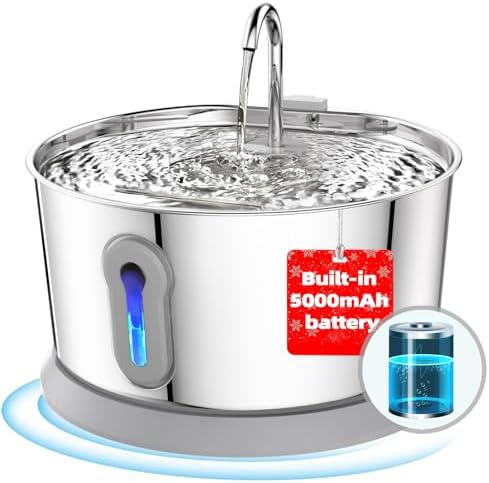 Battery Operated Cat Water Fountain Wireless, 4L/135oz Stainless Steel Pet Fountain for drinking Dog Water Dispenser Cordless with Motion Sensor, Ultra-Quiet Pump & for Cats Inside, Dog, Multiple Pets