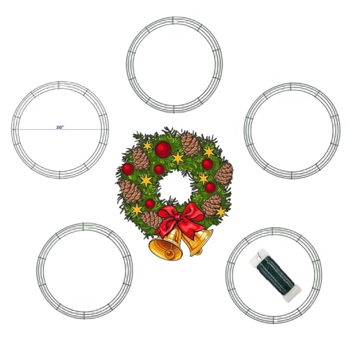 20 Inch Christmas Green Wire Wreath Frame,5 Pack Metal Front Door Wreath Round Form Iron Ring for Christmas, New Year Decors, Crafts, DIY, Holidays, Events