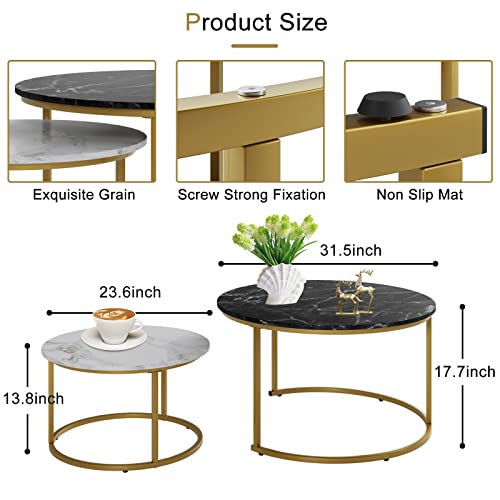 Vilawlence Marble Nesting Golden Coffee Table 31.5In Large Set Of 2, Steel Frame Circular And Round Wooden Tables 31In, Living Room Bedroom Apartment Modern Industrial Simple Nightstand #TOP1