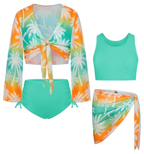 Image of GRACE KARIN Girls Bathing Suit Adjustable Taniki Swimsuit Tie Front 4 Piece Bikini Set with Kimono Cover Up 6-14
