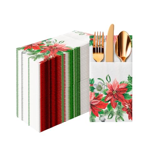 PAW - Christmas Linen Feel Napkins with Built-in Flatware Pocket, Absorbent Pre-Folded Dinner Napkins with Poinsettia, Guest Towels for Xmas Dinner, Wedding, Winter Holiday, Decorative Towel, 50 Count