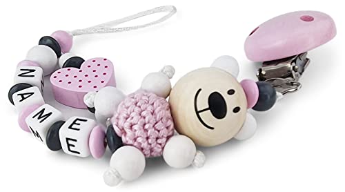 kleinerStorch Baby Nuckelkette mit Namen | personalisiert für Mädchen & Jungen | Motiv Bär & Herz in rosa Cover