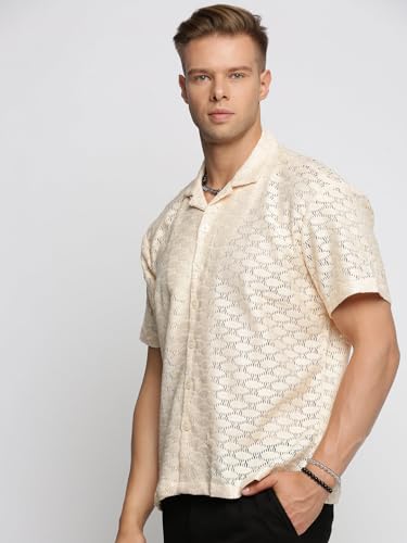 Image of SHOWOFFFF Men Solid Crochet Casual Shirt | Cuban Collar Half Sleeves Cotton Shirt for Mens | Relaxed Fit Regular Length Shirt for Men's