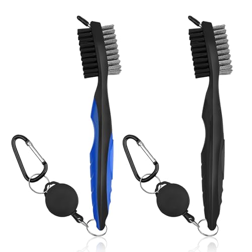 2 Stück Golf Bürste, Golfschläger Bürste Golf Club Groove Cleaner mit Karabinerhaken, Schlaufe Clip und Aluminium-Karabiner, Golfschlägerreiniger für Reinigung Club Face & Groove(Schwarz und Blau)