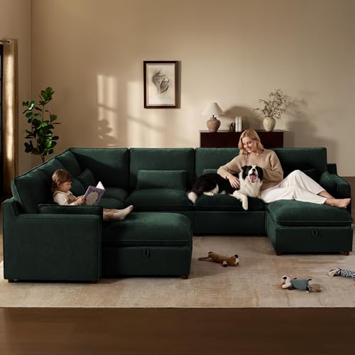 Image of WorthFurni Modern Modular Sectional Sofa,137 inch V Shape Sectional Cloud Couch with Storage Ottoman,Comfty 8 Seat Sofa for Living Room,Green Chenille