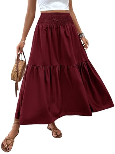Women's Summer Floral Maxi A-Line Boho Skirt, Summer for Women 2025 Vacation Boho Floral Tiered (00,Burgundy red)
