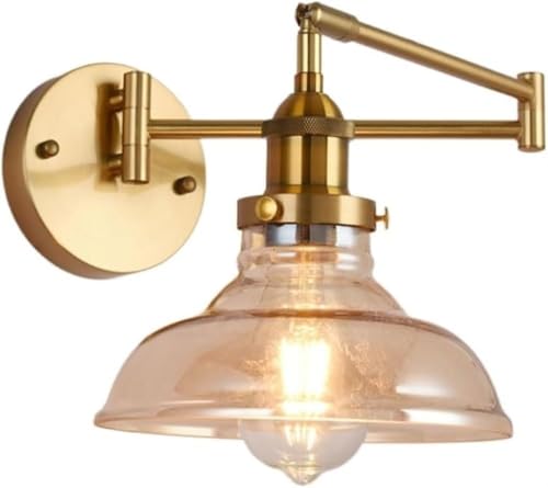 Aplique de pared para baño, aplique de pared dorado con brazo oscilante, lámpara de pared ajustable con cableado fijo y brazo largo de vidrio ámbar, estilo antiguo, para sala de estar, cocina y freg