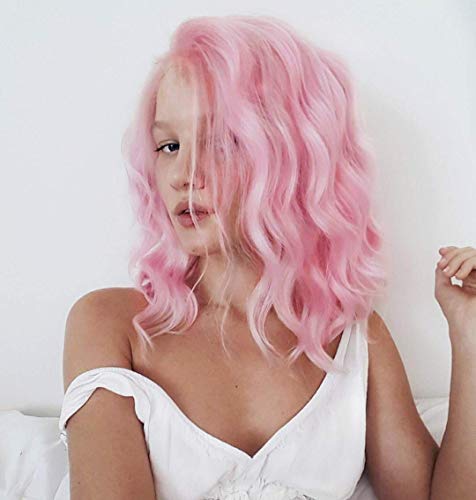Vigorous Pink Lace Front Wigs for Women Bob Curly Pink Wig Wavy Light Pink Wig Free Part Cosplay Daily Party Wig Heat Resistant Synthetic Lace Front Wigs 16 Inch
