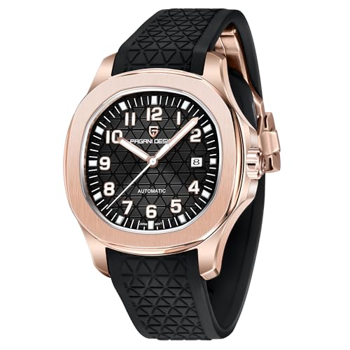 Pagani Design YS031 Montre automatique de luxe pour homme avec bracelet en FKM à carreaux en fluoroélastomère, verre saphir, mouvement japonais 8215, étanche jusqu'à 100 m, boîtier en acier inoxydable