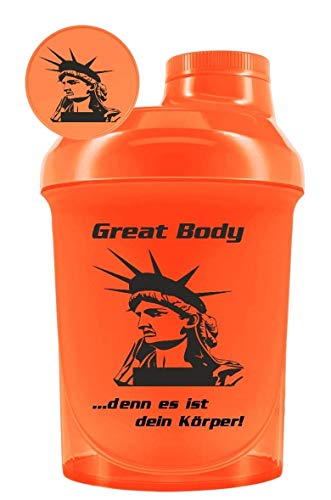 Preisvergleich Produktbild Great Body Eiweißshaker 300ml / Boostershaker / Proteinmixer / Proteinshaker / Drehverschluss / Sieb und Mess-Skala / Fitness Shaker für klumpenfreie Shakes / Leicht zu reinigen / Orange