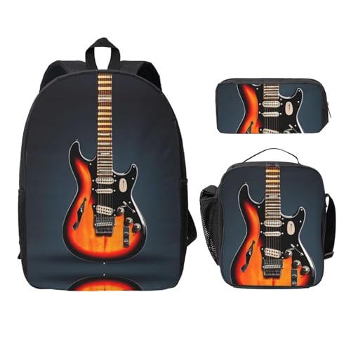 Sac à dos léger école intermédiaire imprimé guitares EdWal avec trousse à lunch noire 3 pièces
