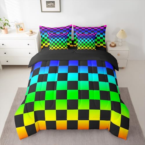 Image of Multicolored Checkered Retro Comforter Set With Sheets 7 Piece Queen Size Geometric Vintage Bed in a Bag Kids Boys Girls Colorful Bedding Set Modern Groovy Aesthetic Bedroom Decor Breathable Soft