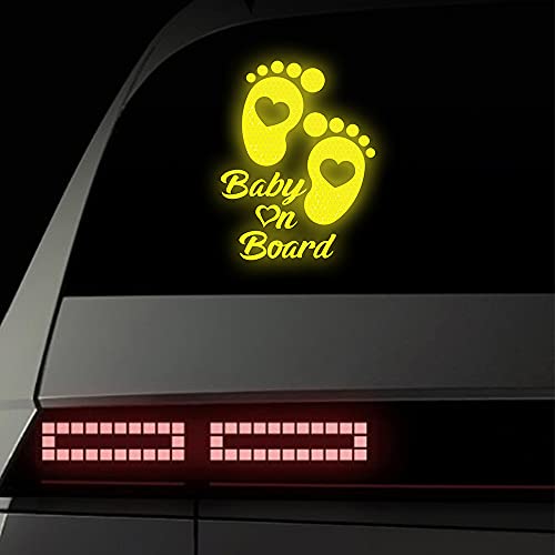 Image of 2PCS Baby On Board Sticker for Cars,Reflective Baby in Car Safety Sign Decal for Rear, Side Windows, Bumpers- Bright Yellow, Durable (Foot)