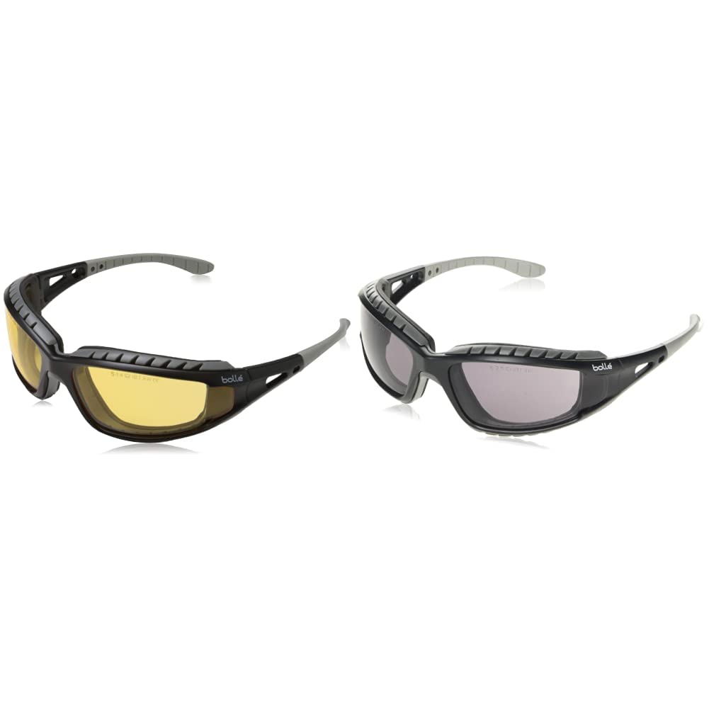 Bolle Tracker 2 / II Schutzbrille - Gelbe Linse, Halteleine & Aufbewahrungstasche & Bolle TRACPSF Schutzbrille mit Nylonband, kratzfest und beschlagfrei, schwarz/rauchfarben