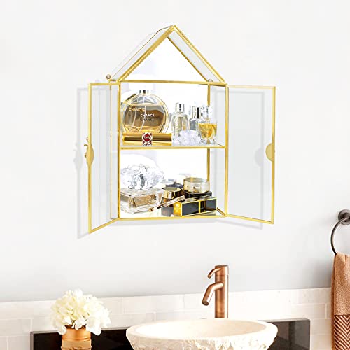 Smilkat Bathroom Wall Glass Cabinet for Perfume, Small Display Cabinets with Doors Storage Mounted, 2 Tiered Gold Curio Mirror Cosmetics Perfumes
