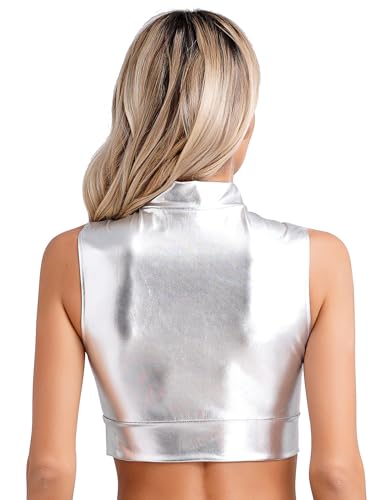 CHICTRY Women's Shiny Metallic High Neck Tank Top Zip Front Sleeveless Slim Fit Vest Crop Tops4
