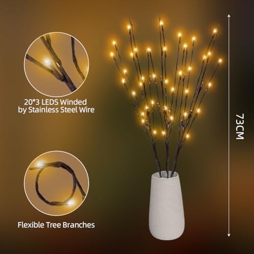 URAQT 73 CM LED Baumastlicht, 3 Stück Beleuchtete Zweige für Vasen Weidenzweigdekoration mit Batteriekasten Künstlicher Baum DIY… – Ansicht 2
