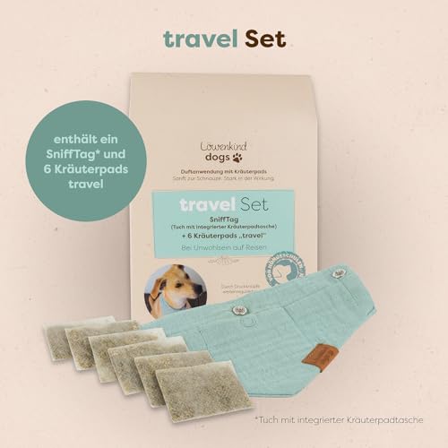 Löwenkind Dogs 100% natürliche Pads für Reiseübelkeit Hunde - wirkungsvolle Entspannung bei Autofahrten (Set mit 6 Kräuterpads und SniffTag, Travel-Pads bei Reiseübelkeit)