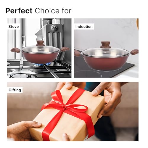 Image of The Better Home 2.5mm Triply Kadai (2.6L-24cm) with Glass Lid | Tryply SS Kadai with Heavy Bottom | Gas & Induction Kadhai for Deep Frying | Karahi for Kitchen | Triply Stainless Steel Cookware (Red)