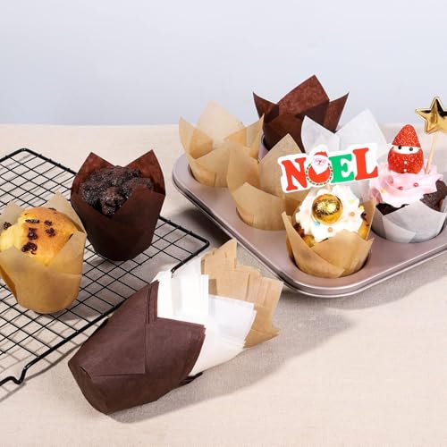 Image of Bake Choice Nordic Paper 200pcs Tulip Cupcake Liners for Baking Cups EU Parchment paper Standard Size Tulip Muffin Liners, Cupcake Wrapper, Brown, White, Unbleached Natural for Party, Christmas