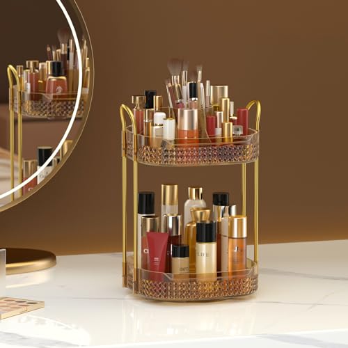 Awenia Rotating Makeup Organizer 360, Stackable Adjustable Large Capacity Cosmetic Storage Unit,Dresser Bathroom Kitchen Countertop Organizer with Metal Handle, Plus Size (Honorable Gold, 2 Tier)