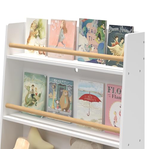 CuisinSmart Kids Bookshelf with Toy Organizer, 3-Tier Wooden Children's Book Shelf, Toy Storage Organizer with Legs, Kids Bookcase for Children's Room, Playroom, Nursery and Classroom White B