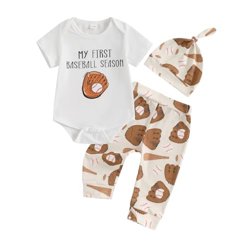 Image of Mobbdow My First Baseball Season Baby Boy Outfit Newborn Letter Print Short Sleeve Romper Baseball Pants Hat 3Pcs Outfits Set
