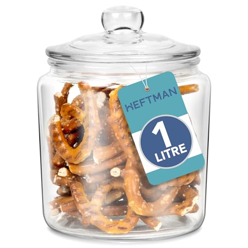 HEFTMAN Glass Jar with Lid - 1 Litre Clear, Empty Sweet Jars with Airtight Push-Top Lid - Sturdy Glass Vintage Apothecary Jars Perfect for Sweets, Coffee, Sugar, Laundry Pods Storage Container - Cosy Home Interiors HEFTMAN Glass Jar with Lid - 1 Litre Clear, Empty Sweet Jars with Airtight Push-Top Lid - Sturdy Glass Vintage Apothecary Jars Perfect for Sweets, Coffee, Sugar, Laundry Pods Storage Container