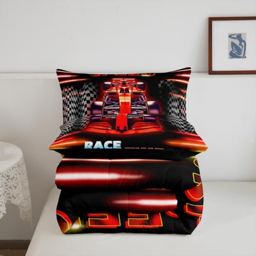 Image of Feelyou Kids Race Car Comforter Set Toddler Size, Racing Sports Duvet Insert Boys Girls Black Red Ombre Bedding Set Teens Bedroom Decor with 1 Pillow Case