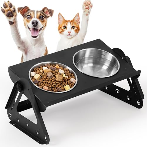 Elevated Cat Food Bowls, Metal Raised Cat Bowl with 2 Stainless Steel Bowls, 15°Tilted Cat Dishes for Food and Water, Cat Bowls Elevated Whisker Friendly for Cat, Small Dog, Puppy