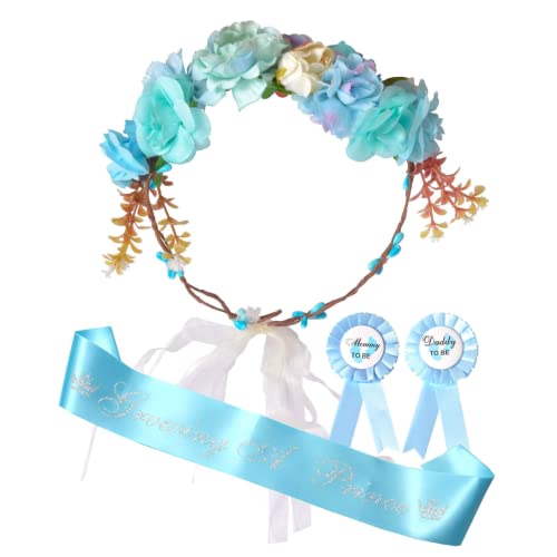 MEANT2TOBE Baby Shower Decoration for Mom To Be and Dad To Be, Blue Flowers style Tiara + Blue & White Sash + Blue & White Dad to be pin, Maternity Gift for Her and Him, mommy to be sash
