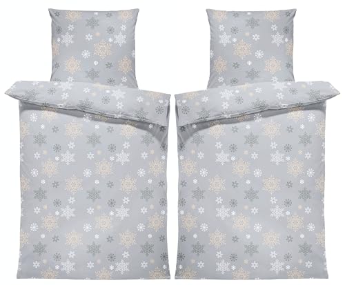 one-home 4 teilig Bettwäsche 155x220 cm Schneeflocken grau Biber Winter...
