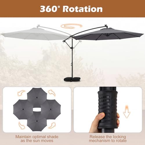 Tangkula 10ft Solar Patio Umbrella with Base Included, Offset Cantilever Outdoor Umbrella with 32 LED Lights, 360 Degree Rotation, Crank Handle for Pool Deck Garden Backyard (Gray) - 3