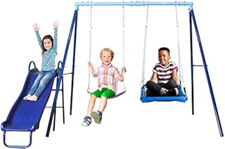 500lbs Swing Sets for Backyard with Slide, Platform Swing 43 inch, Belt Swing, Heavy Duty Metal Swing Stand for Playground and Backyard