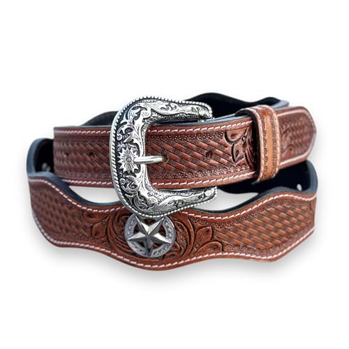 DANIEL'S ARTPLANET Men's Western Leather Belt Handmade Full Grain Leather Tooled Cowboy Belt with Removable Buckle 1.5”