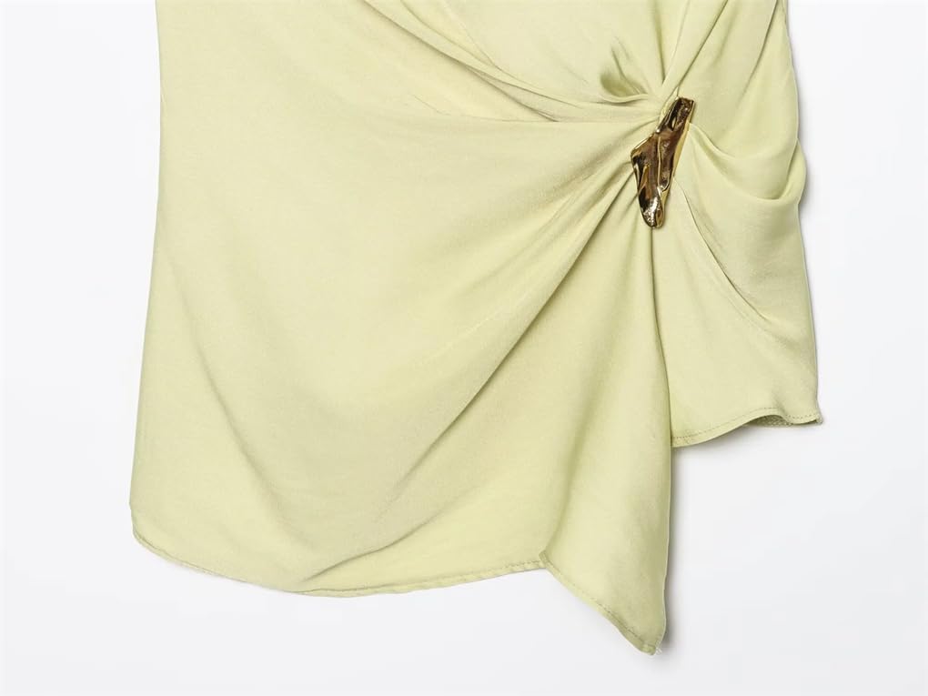 Women's Satin Textured Asymmetric Top with Slanting Collar and Ring Buckle