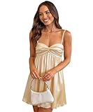 GRMLRPT Women Satin Homecoming Dresses Short Sweetheart Neck Adjustable Spaghetti Straps A Line Prom Party Cocktail Dress,Champagne,M