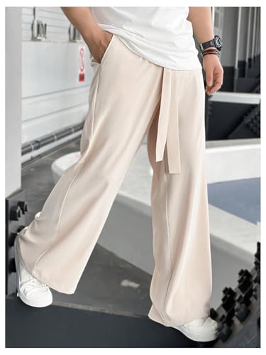 OYOANGLE Men's Elastic Waisted Wide Leg Long Pants Tie Front Belted Loose Casual Trousers with Pockets4