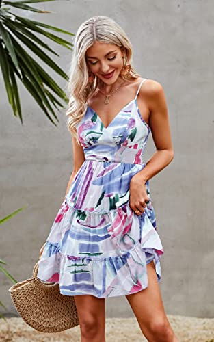 Image of ECOWISH Summer Dresses for Women 2026 V-Neck Spaghetti Strap Bowknot Backless Sleeveless Lace Mini Swing Skater Dress