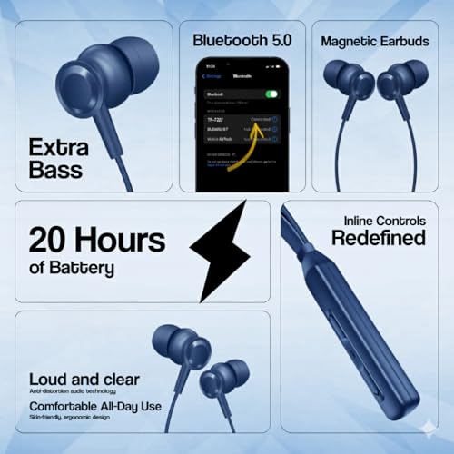 Image of TP TROOPS Wireless in-Ear Neckband Bluetooth Earphones with 10mm Drivers, Rich Music Experience, Above 20 Hours Playtime, Type C Fast Charging, Neckband Earphones with Voice Assistant (Blue)