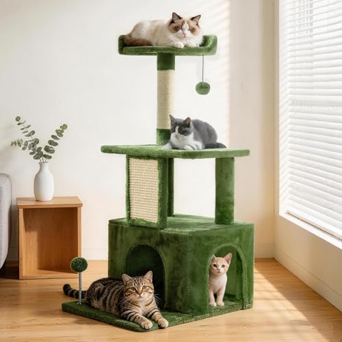 Image of 32.8inch Small Cat Tree Tower Condo for Indoor Cats, Soft Plush Multi-Level Climbing Tree Cat House with Cat Cave, Scratching Post, Sisal Rope, Green