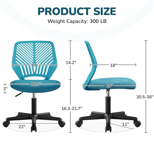 Image of Yaheetech Small Desk Chair, Armless Adjustable Swivel Seat, Turquoise | Padded mesh seat and ventilated resin back, compact armless frame rolls and adjusts for study and small desks, holds 300 lb.