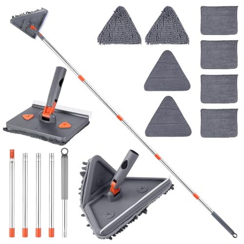 Faankiton Trapeador de Limpieza Triangular, Limpiador de Pared Mopp con Mango Largo, Mopa Limpia Paredes con Rasqueta, Mopa Triangular Giratoria 180º, Mopa para Limpiar Azulejos y Paredes con 8 Paños