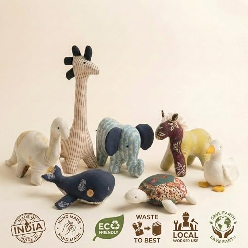 Image of Novo Baby Hand-Sewn Plush Toys - Soft Toy Set for Baby Girl & Boy | Recycled Fabric Stuffed Animal Toys | Eco-Friendly, Artisan-Made Soft Toys for Kids & Toddlers (Pack of 4)