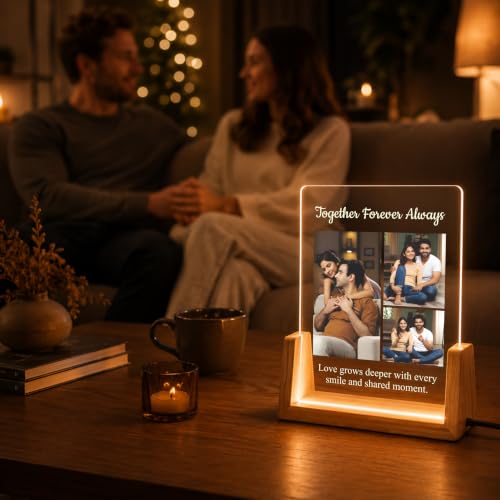 Image of Giftplease Personalized LED Acrylic Photo Frame with Custom Photos & Text | Engraved Acrylic Picture Lamp with Wooden LED Base | USB Night Light | Anniversary, Wedding, Birthday, Couple, Family, Decor