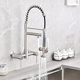 Dornberg Wall Mount Kitchen Faucet with Sprayer, Double Handle High Pressure Pull Down Kitchen Faucet, 8 Inch Center Commercial Kitchen Sink Faucet, Spot-Free Stainless Steel - Brushed Nickel